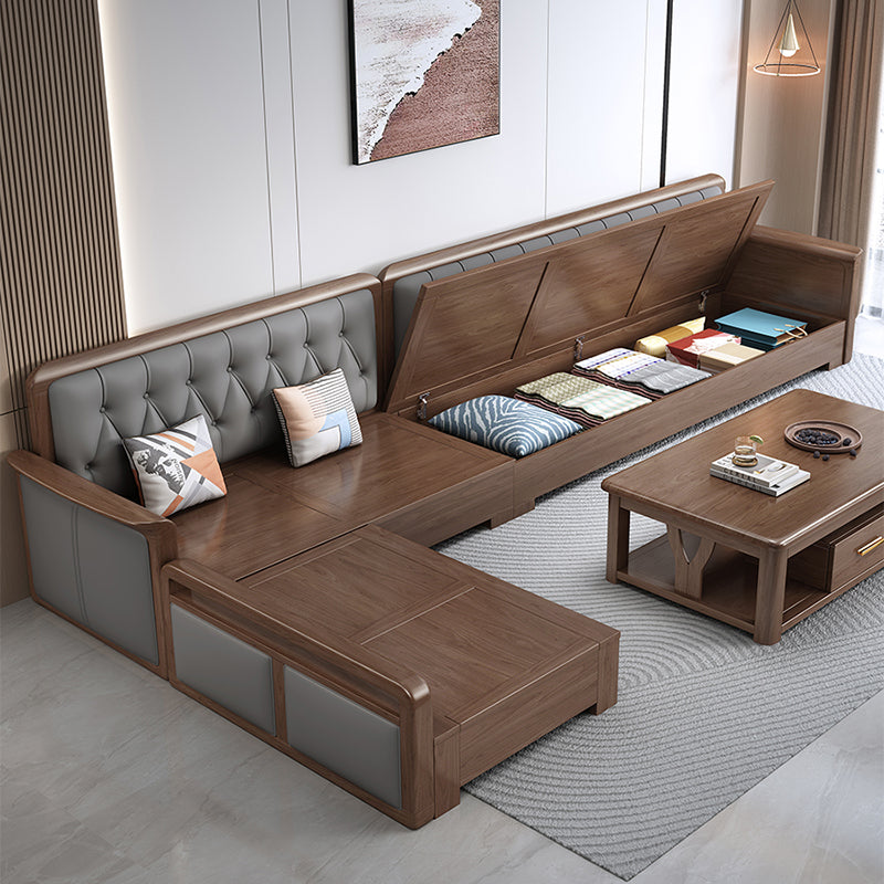Modern Solid Wood Faux Leather Square Arm Sofa with Tufted Back