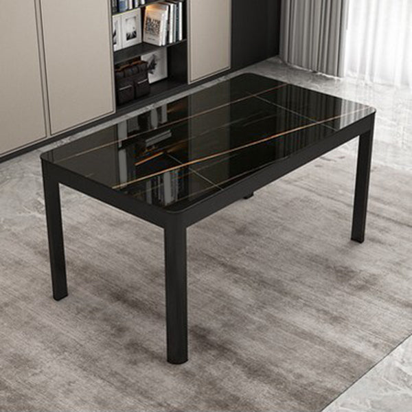 Rectangular Dining Table Modern Glass Tabletop with Black Steel Legs