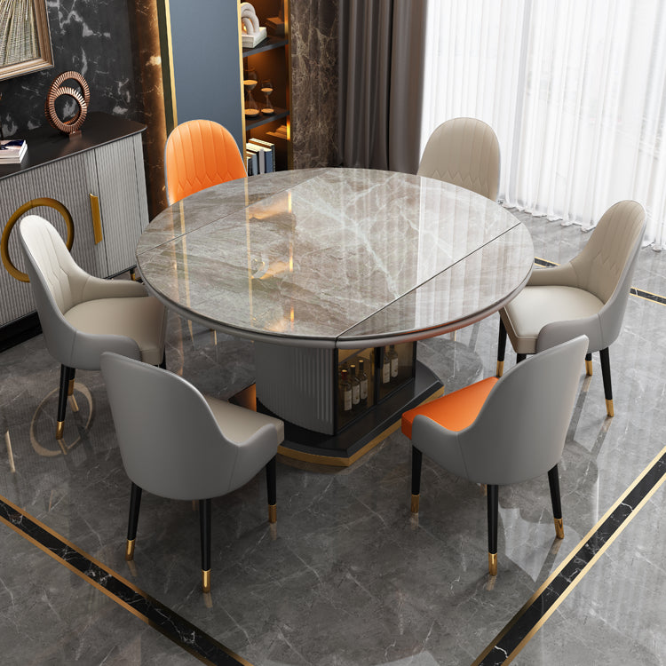 Modern Extendable Dining Table Round Stone Tabletop with Storage