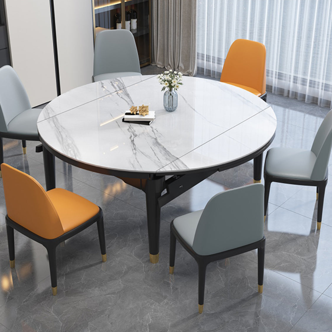 Modern Extendable Dining Table White Round Stone Tabletop for Dining Room