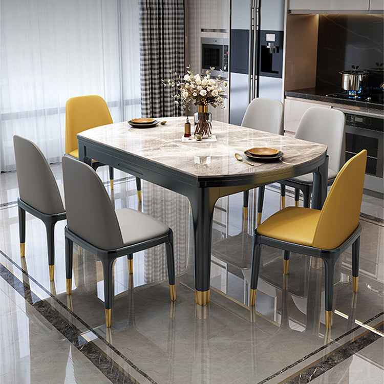 Contemporary Extendable Stone Dining Table with Wood Base and Double Drop Leaf