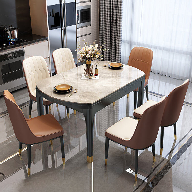 Contemporary Extendable Stone Dining Table with Wood Base and Double Drop Leaf