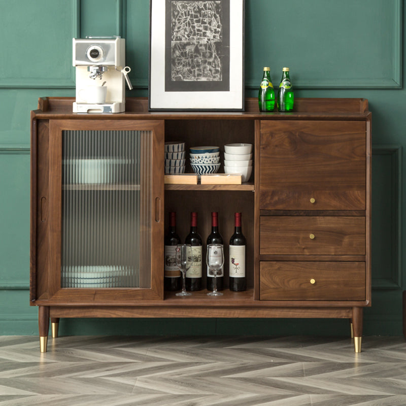 Modern Glass Doors Solid Wood Sideboard Cabinet with Cabinets and Drawers