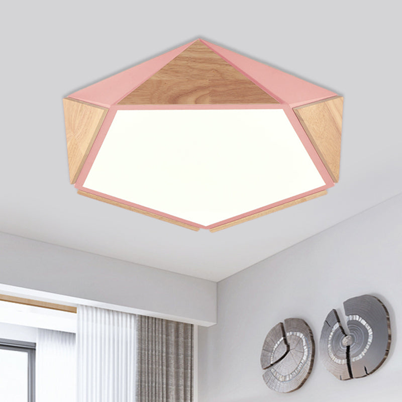 Flat Pentagon Ceiling Mount Light Macaron Stylish Wood LED Flush Light for Kids Bedroom