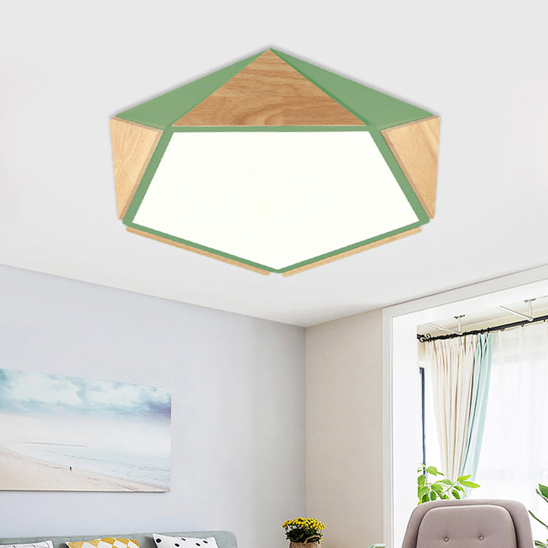 Flat Pentagon Ceiling Mount Light Macaron Stylish Wood LED Flush Light for Kids Bedroom