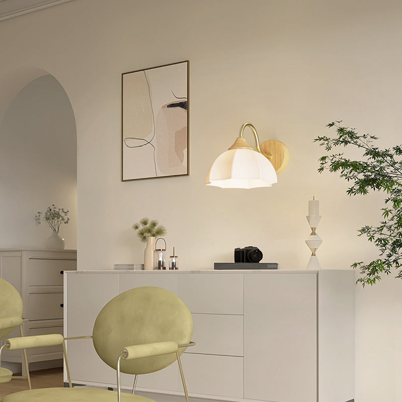 Modern Wall Mount Lamp 1-Light Wooden with Glass Shade for Living Room