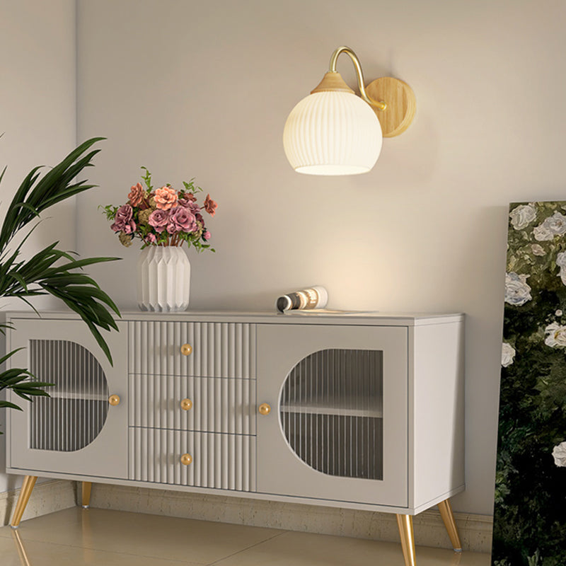 Modern Wall Mount Lamp 1-Light Wooden with Glass Shade for Living Room