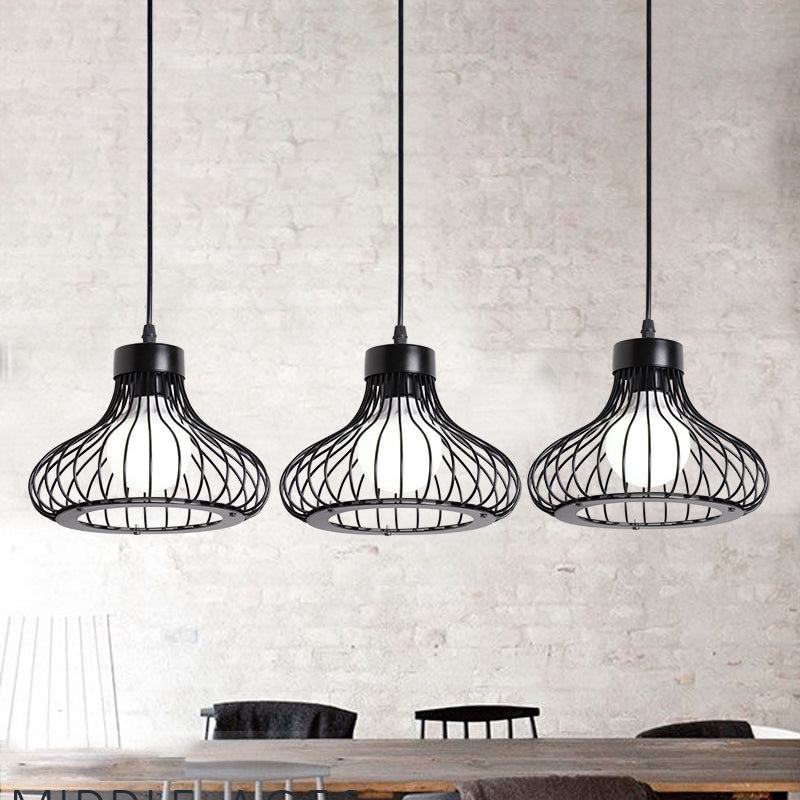 Bowl Metall Decke Anhänger Licht mit Drahtkäfig Schatten Bauernhaus 3 Lichter Restaurant Hängende Leuchte in Schwarz
