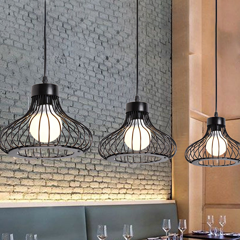 Bowl Metall Decke Anhänger Licht mit Drahtkäfig Schatten Bauernhaus 3 Lichter Restaurant Hängende Leuchte in Schwarz