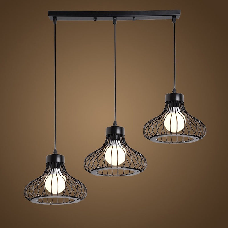 Bowl Metall Decke Anhänger Licht mit Drahtkäfig Schatten Bauernhaus 3 Lichter Restaurant Hängende Leuchte in Schwarz