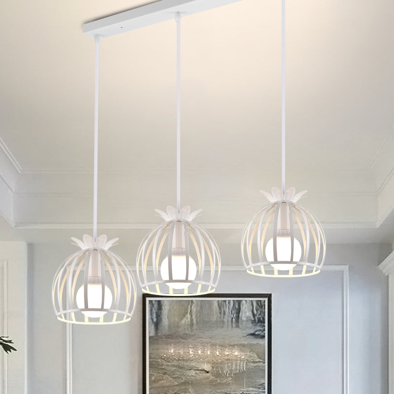 3 Heads Pendant Lighting with Dome Cage Shade Metallic Loft Style Dining Room Suspended Lamp in Black/White