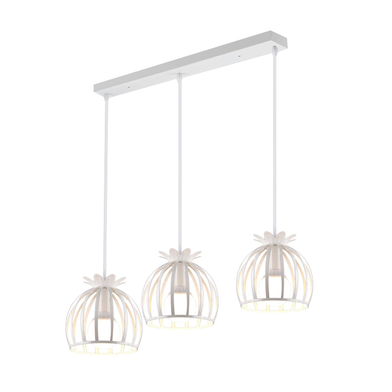3 Heads Pendant Lighting with Dome Cage Shade Metallic Loft Style Dining Room Suspended Lamp in Black/White