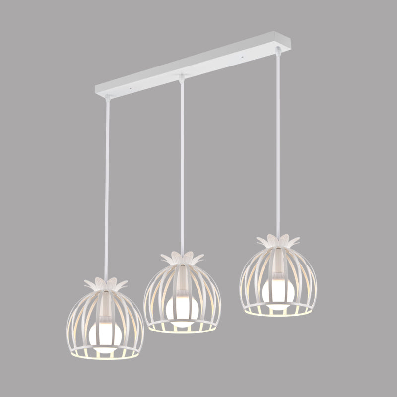 3 Heads Pendant Lighting with Dome Cage Shade Metallic Loft Style Dining Room Suspended Lamp in Black/White