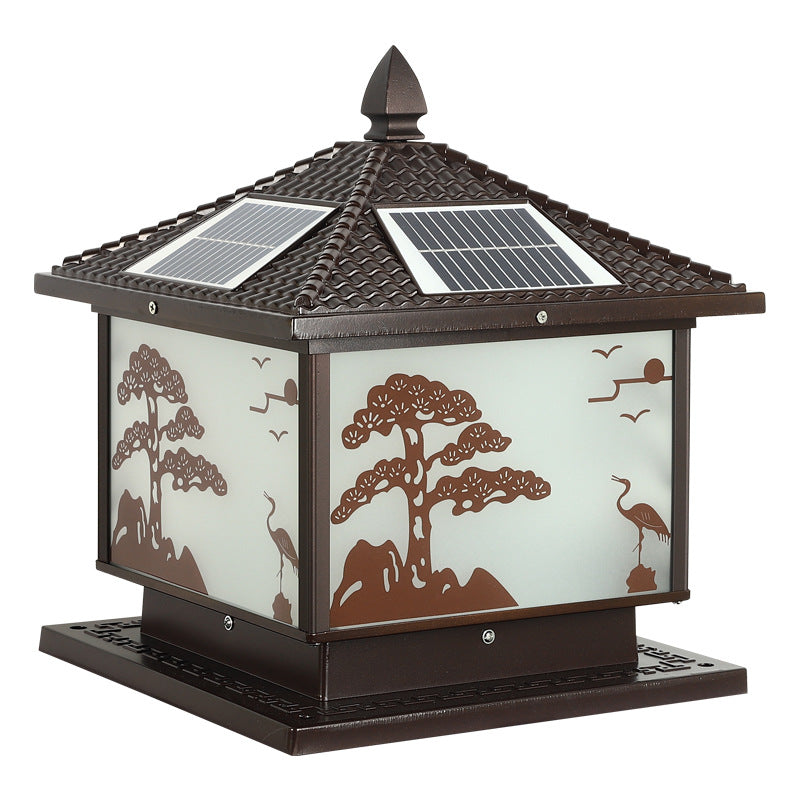 Metal Rectangle Shape Solar Pillar Lamp Modern Style 1 Light Waterproof Outdoor Light