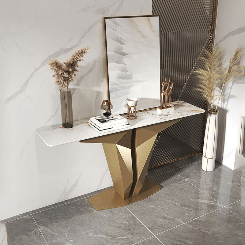 Glam Rectangle Console Accent Table with White Stone Top for Hall