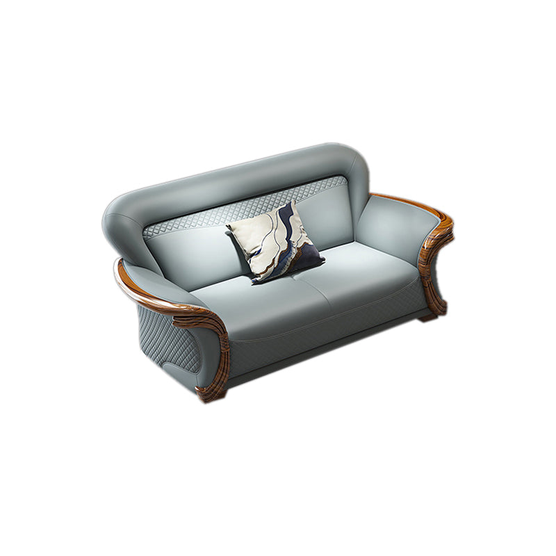 Solid Wood Contemporary Genuine Leather Flared Arm Sofa with Pillows