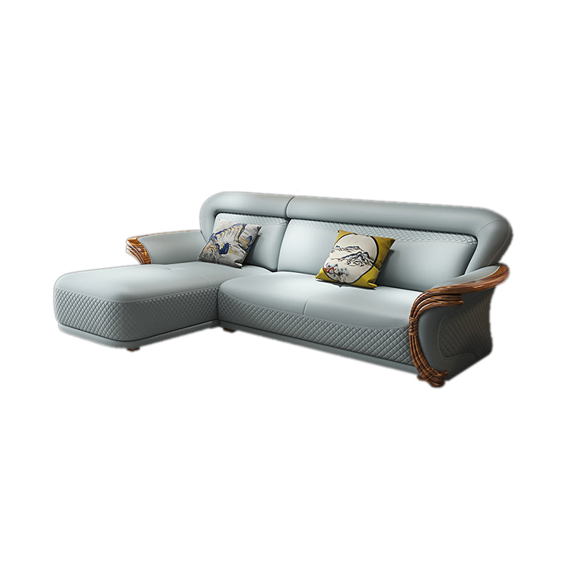 Solid Wood Contemporary Genuine Leather Flared Arm Sofa with Pillows