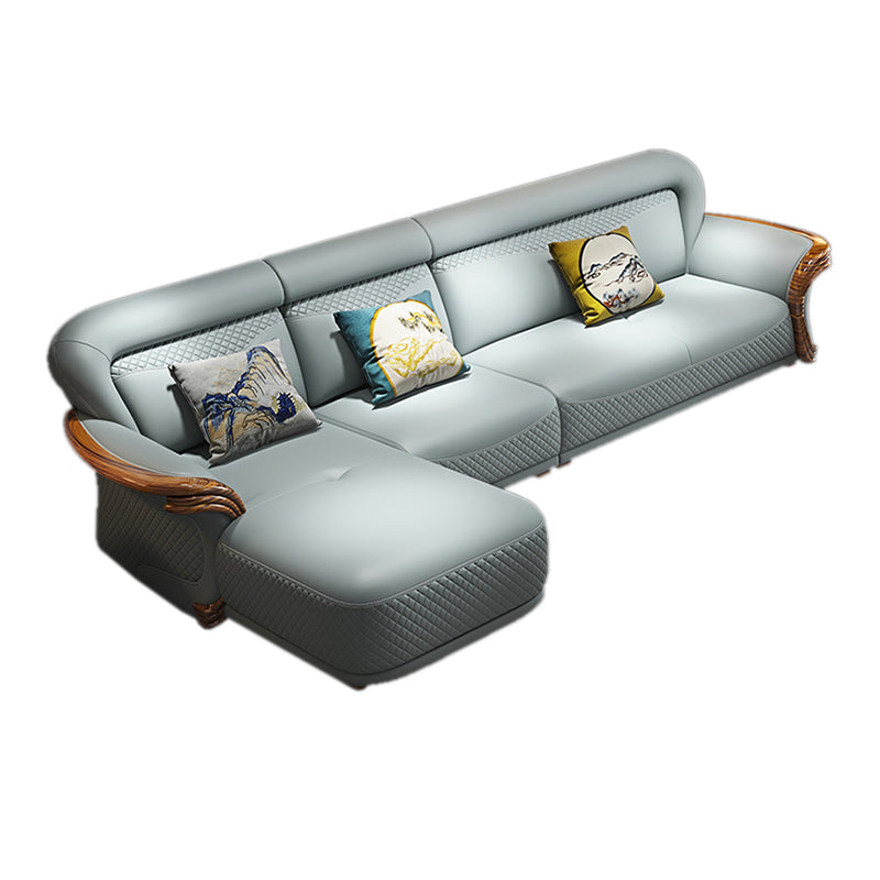 Solid Wood Contemporary Genuine Leather Flared Arm Sofa with Pillows