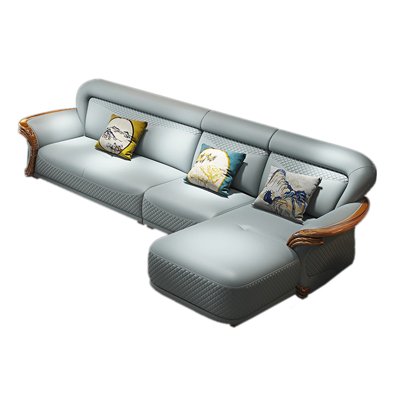 Solid Wood Contemporary Genuine Leather Flared Arm Sofa with Pillows