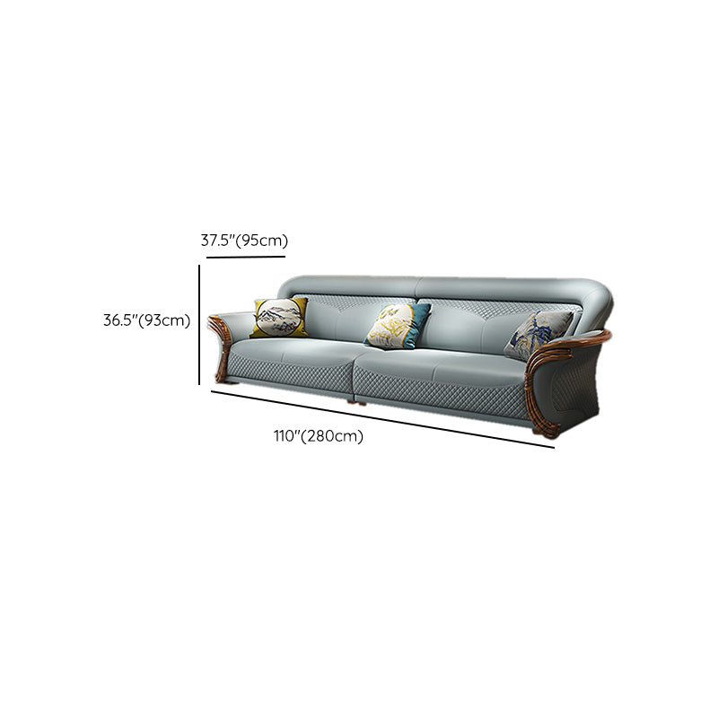 Solid Wood Contemporary Genuine Leather Flared Arm Sofa with Pillows