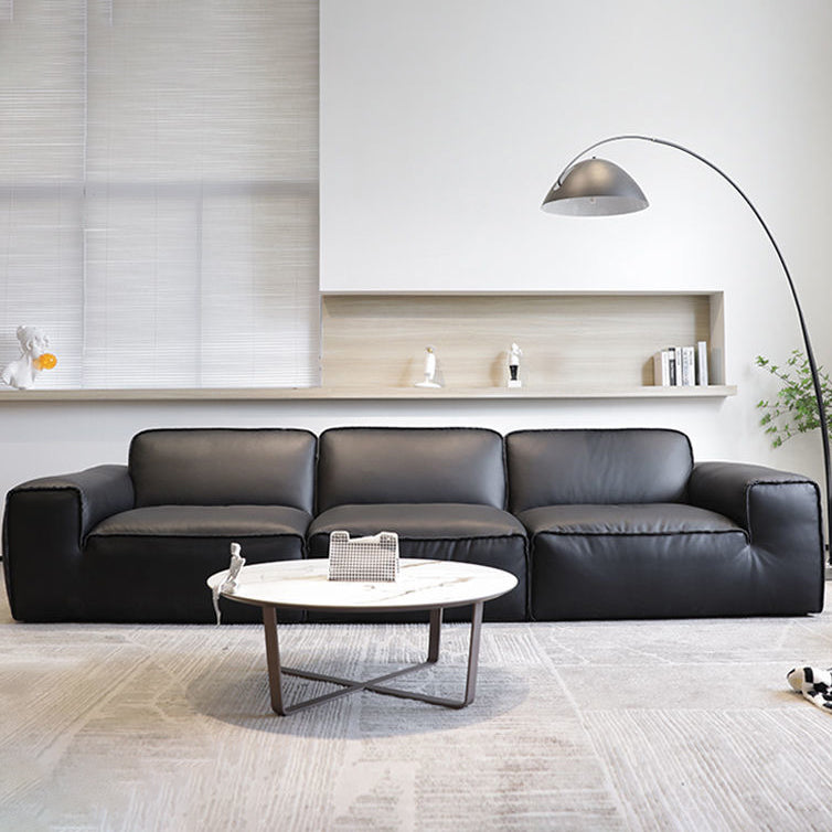 Contemporary Black Genuine Leather Square Arm Sofa with Pillows