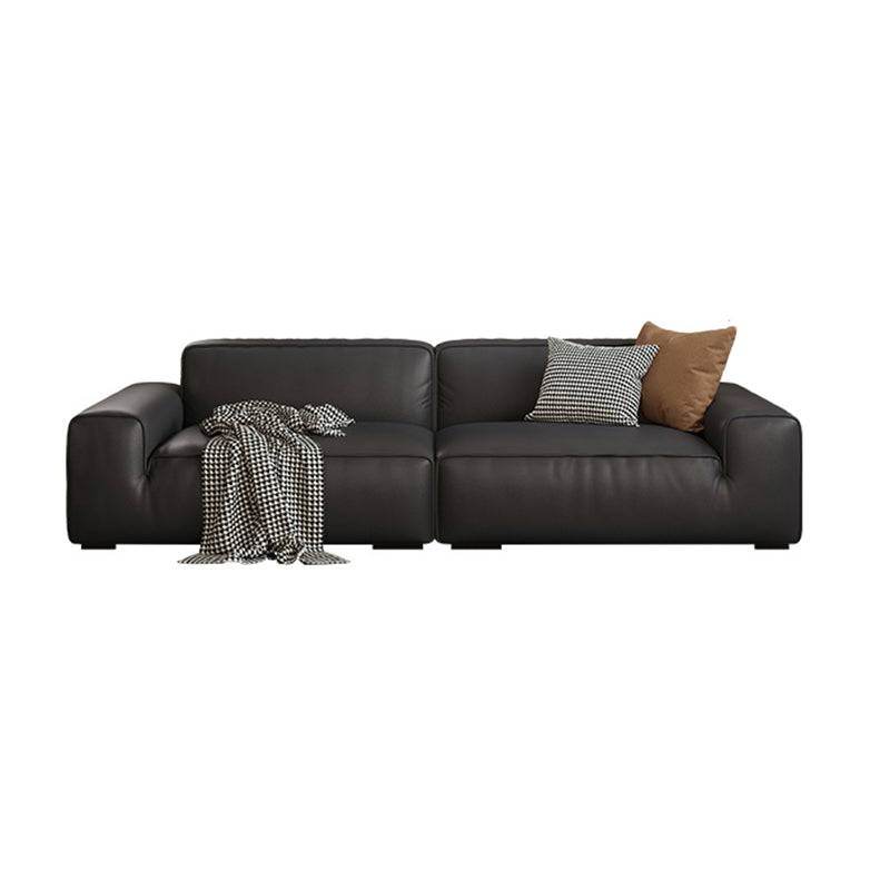 Contemporary Black Genuine Leather Square Arm Sofa with Pillows