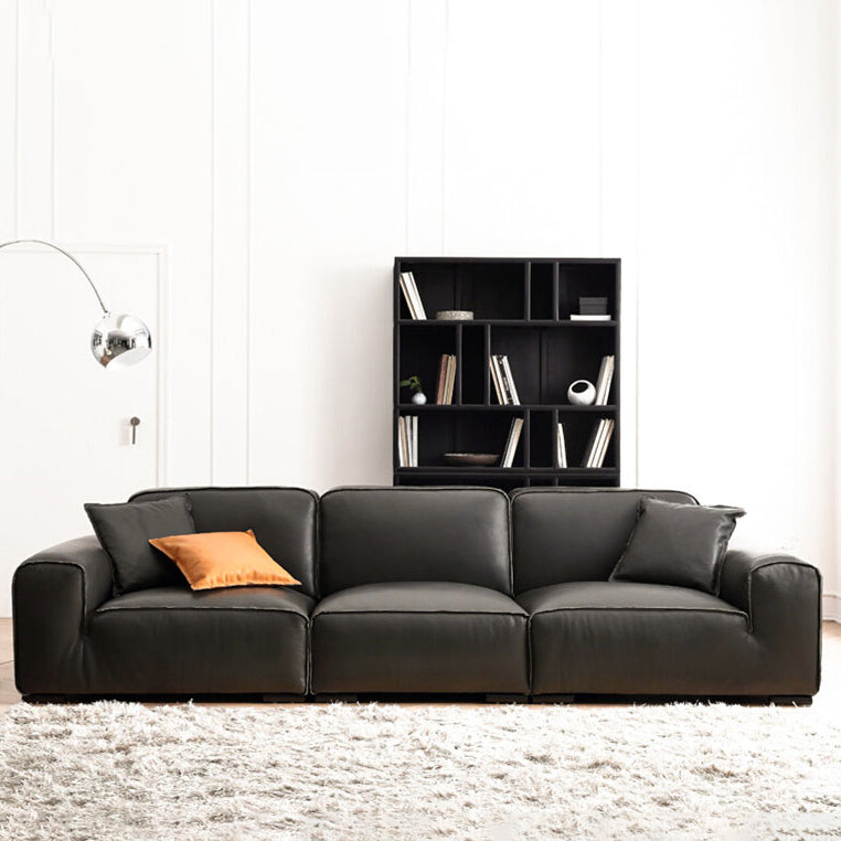 Contemporary Black Genuine Leather Square Arm Sofa with Pillows