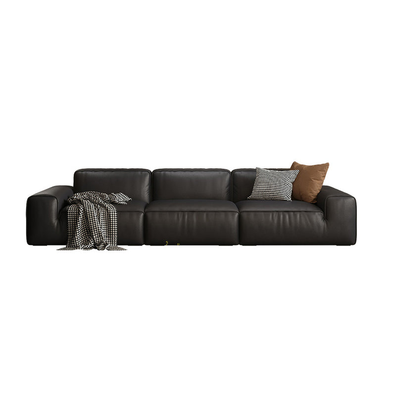 Contemporary Black Genuine Leather Square Arm Sofa with Pillows