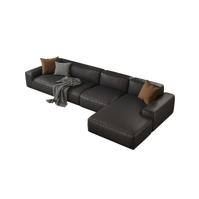Contemporary Black Genuine Leather Square Arm Sofa with Pillows