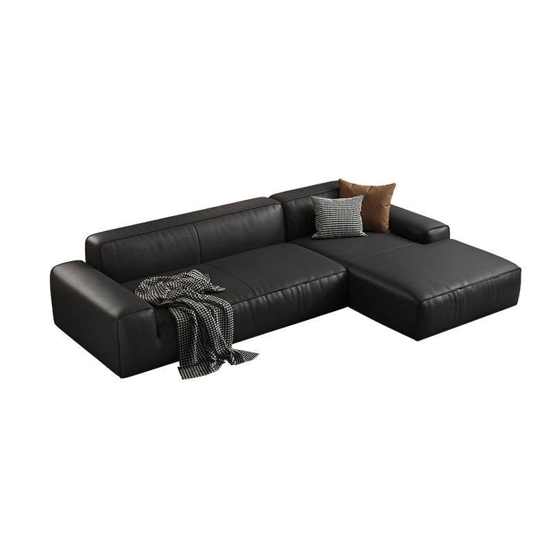 Contemporary Black Genuine Leather Square Arm Sofa with Pillows