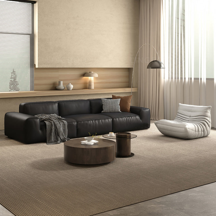 Contemporary Black Genuine Leather Square Arm Sofa with Pillows