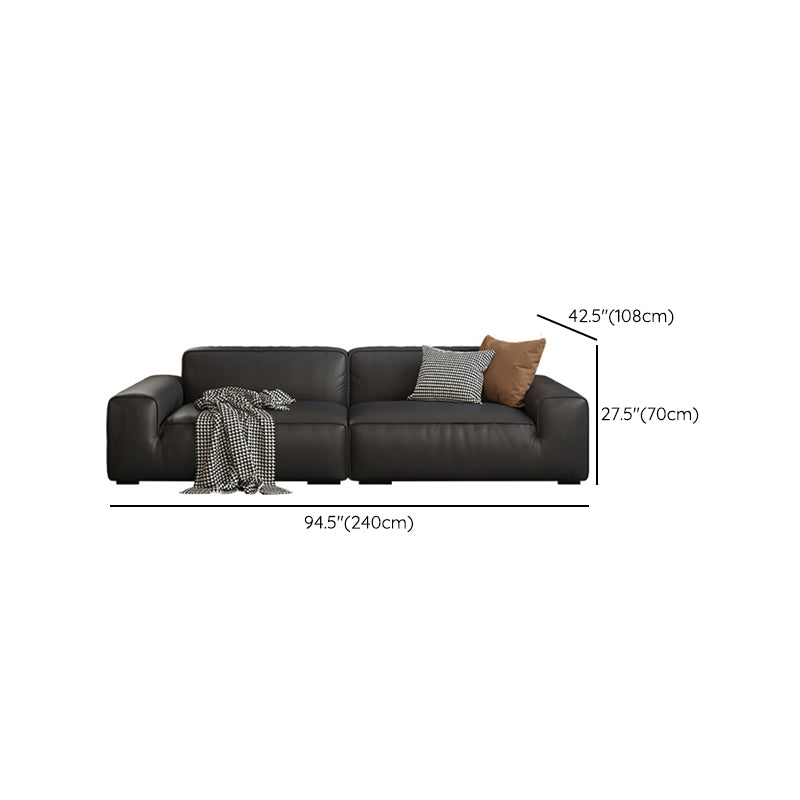 Contemporary Black Genuine Leather Square Arm Sofa with Pillows