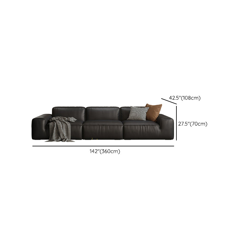 Contemporary Black Genuine Leather Square Arm Sofa with Pillows