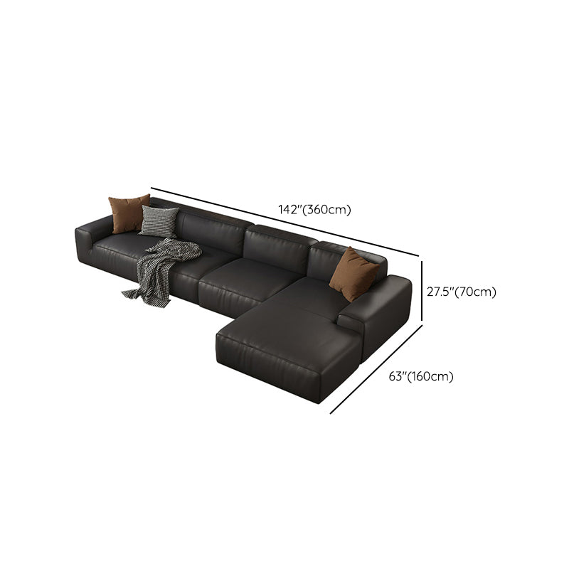 Contemporary Black Genuine Leather Square Arm Sofa with Pillows