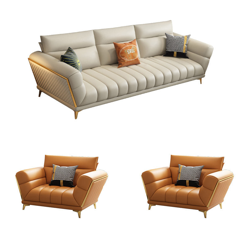 Solid Wood Glam Genuine Leather Flared Arm Sofa with Pillows
