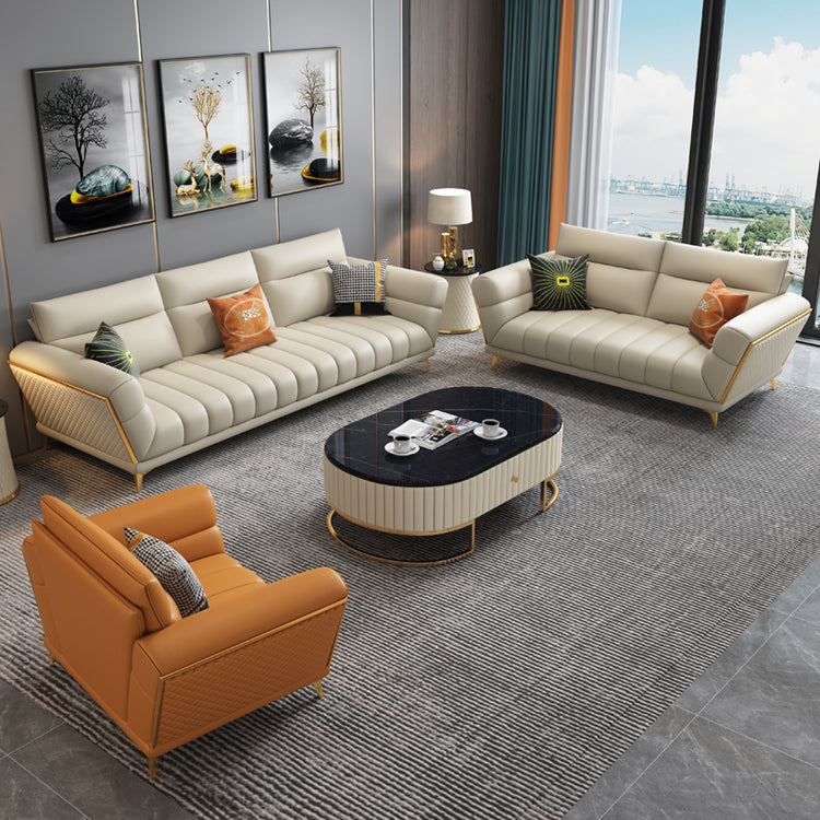 Solid Wood Glam Genuine Leather Flared Arm Sofa with Pillows