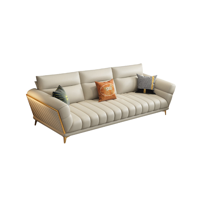 Solid Wood Glam Genuine Leather Flared Arm Sofa with Pillows