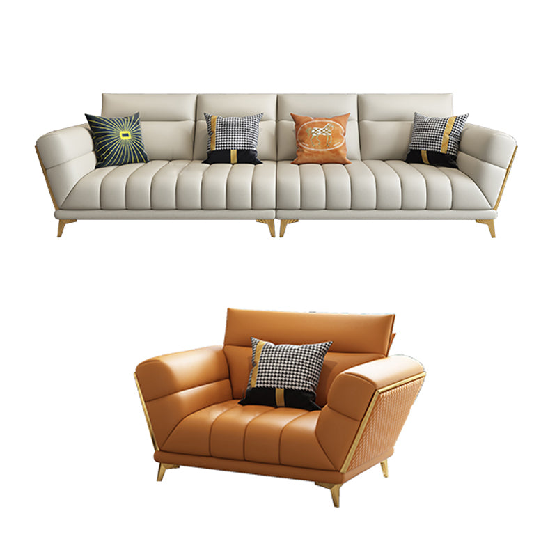 Solid Wood Glam Genuine Leather Flared Arm Sofa with Pillows