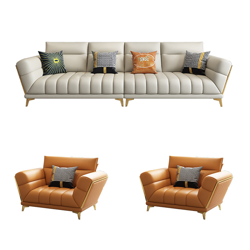 Solid Wood Glam Genuine Leather Flared Arm Sofa with Pillows