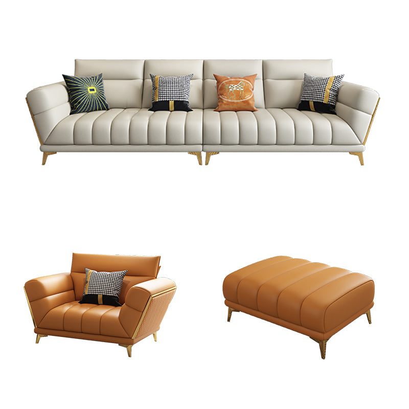 Solid Wood Glam Genuine Leather Flared Arm Sofa with Pillows