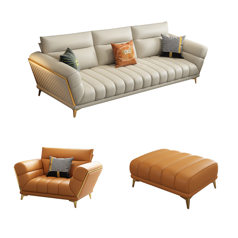 Solid Wood Glam Genuine Leather Flared Arm Sofa with Pillows
