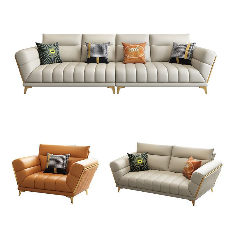 Solid Wood Glam Genuine Leather Flared Arm Sofa with Pillows