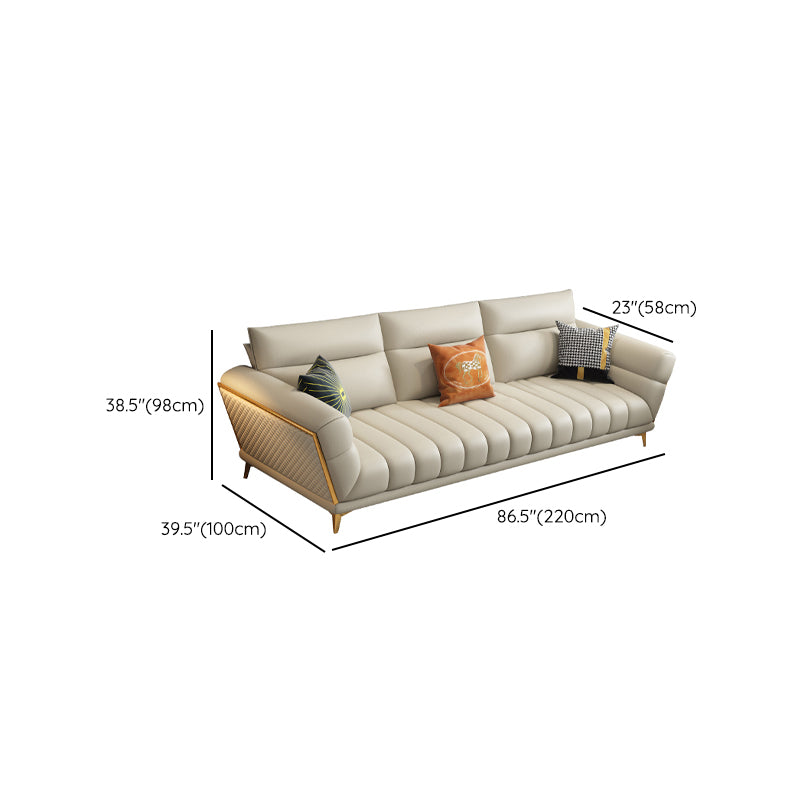 Solid Wood Glam Genuine Leather Flared Arm Sofa with Pillows