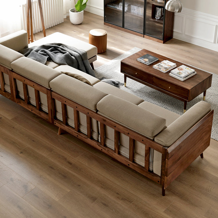 Farmhouse Square Arm Fabric Solid Wood Sofa in Brown for Living Room