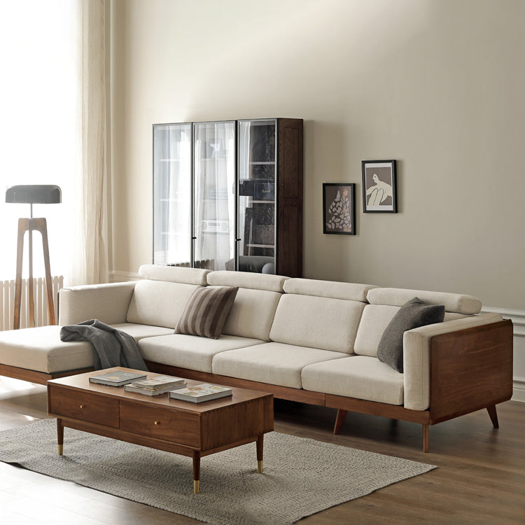 Farmhouse Square Arm Fabric Solid Wood Sofa in Brown for Living Room