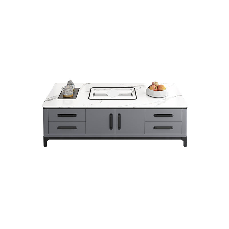 Contemporary Cocktail Table Stone Rectangle Top 4 Legs with 8 Drawers