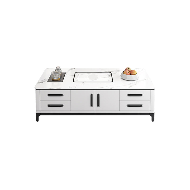 Contemporary Cocktail Table Stone Rectangle Top 4 Legs with 8 Drawers