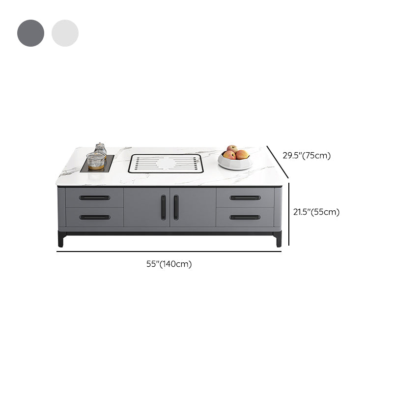 Contemporary Cocktail Table Stone Rectangle Top 4 Legs with 8 Drawers