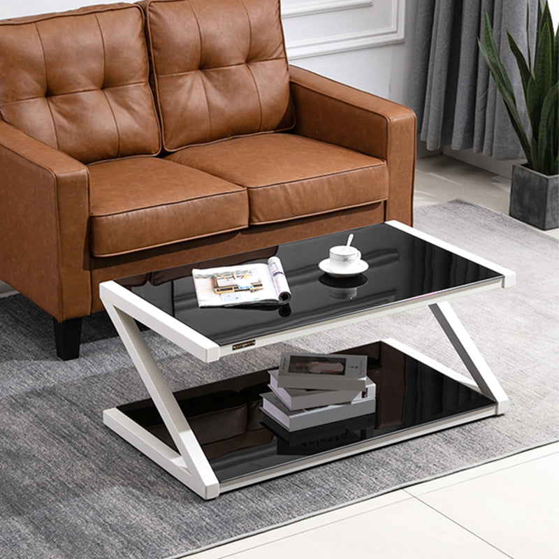Rectangle Glass Top Coffee Table Stainless Steel Frame with Storage