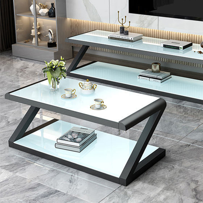 Metal Sled Coffee Table Contemporary Glass Top with Storage Shelf